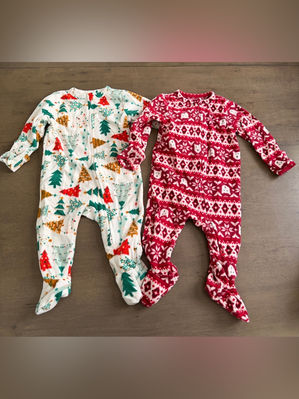 2pc Red Holiday Print/Green Christmas Tree Fleece Baby One-Piece Sleeper Set